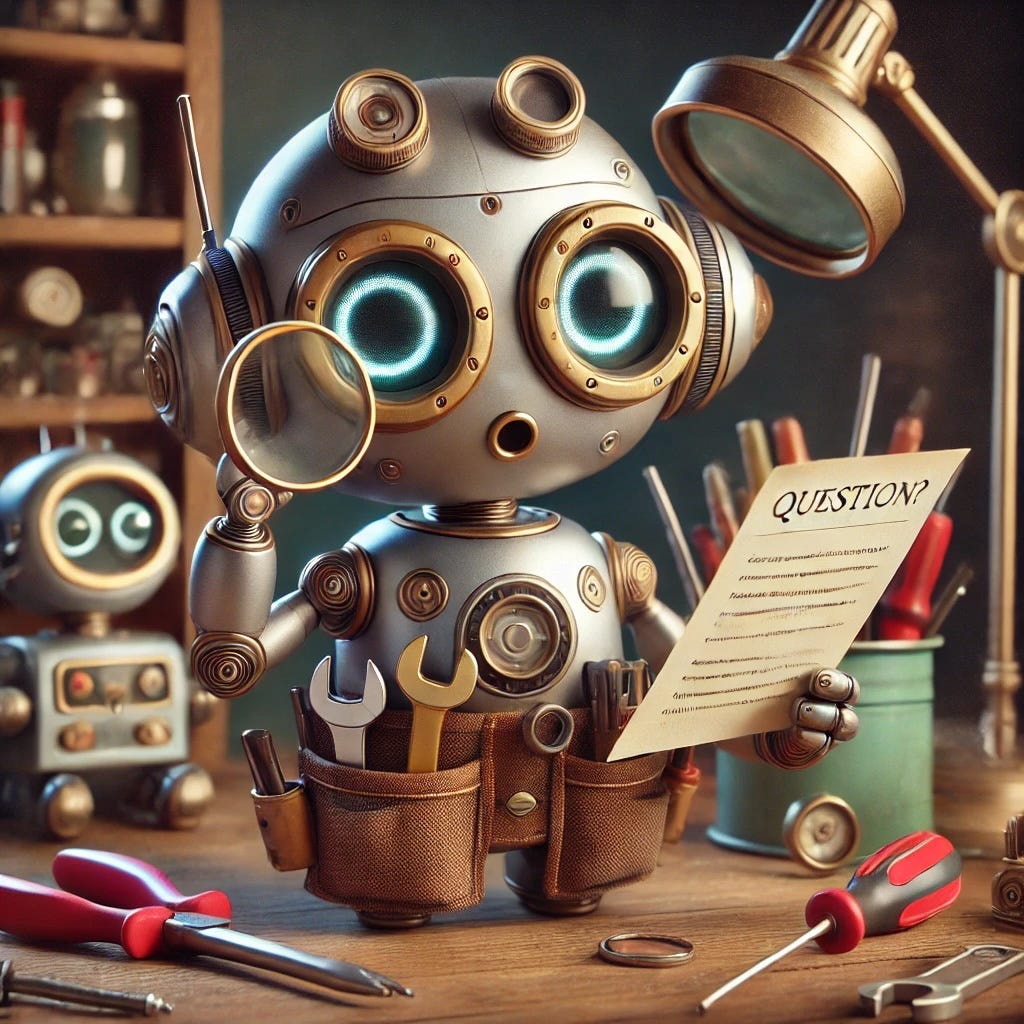 Dalle-3's interpretation of "a quirky robot wearing a tool belt and puzzling over question" . Image generated by the author.