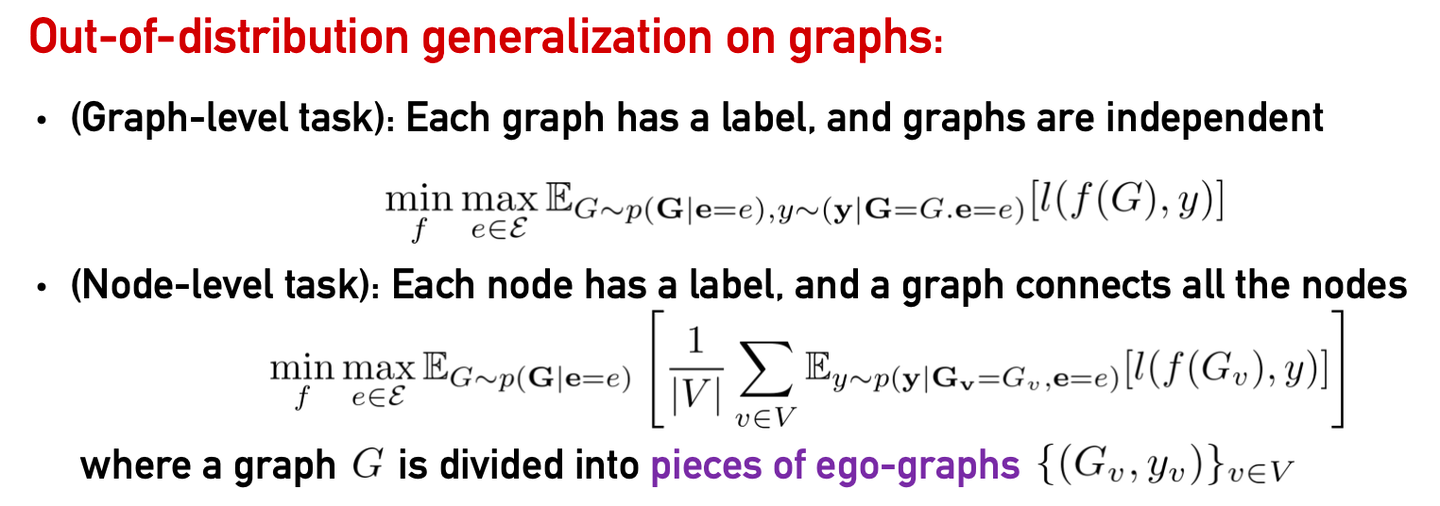 The formulation of OOD generalization on graphs, where we further distinguish between graph-level and node-level tasks which vary in the form of graph structures. Specifically, for node-level tasks, due to the inter-dependence introduced by the graph structures among node instances, [5] proposes to divide a whole graph into node-centered ego-graphs that can be considered as independent inputs.