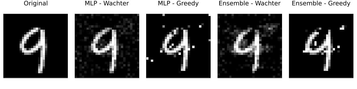 Figure 1: Counterfactual explanations for MNIST: turning a nine (9) into a four (4). Image by author.