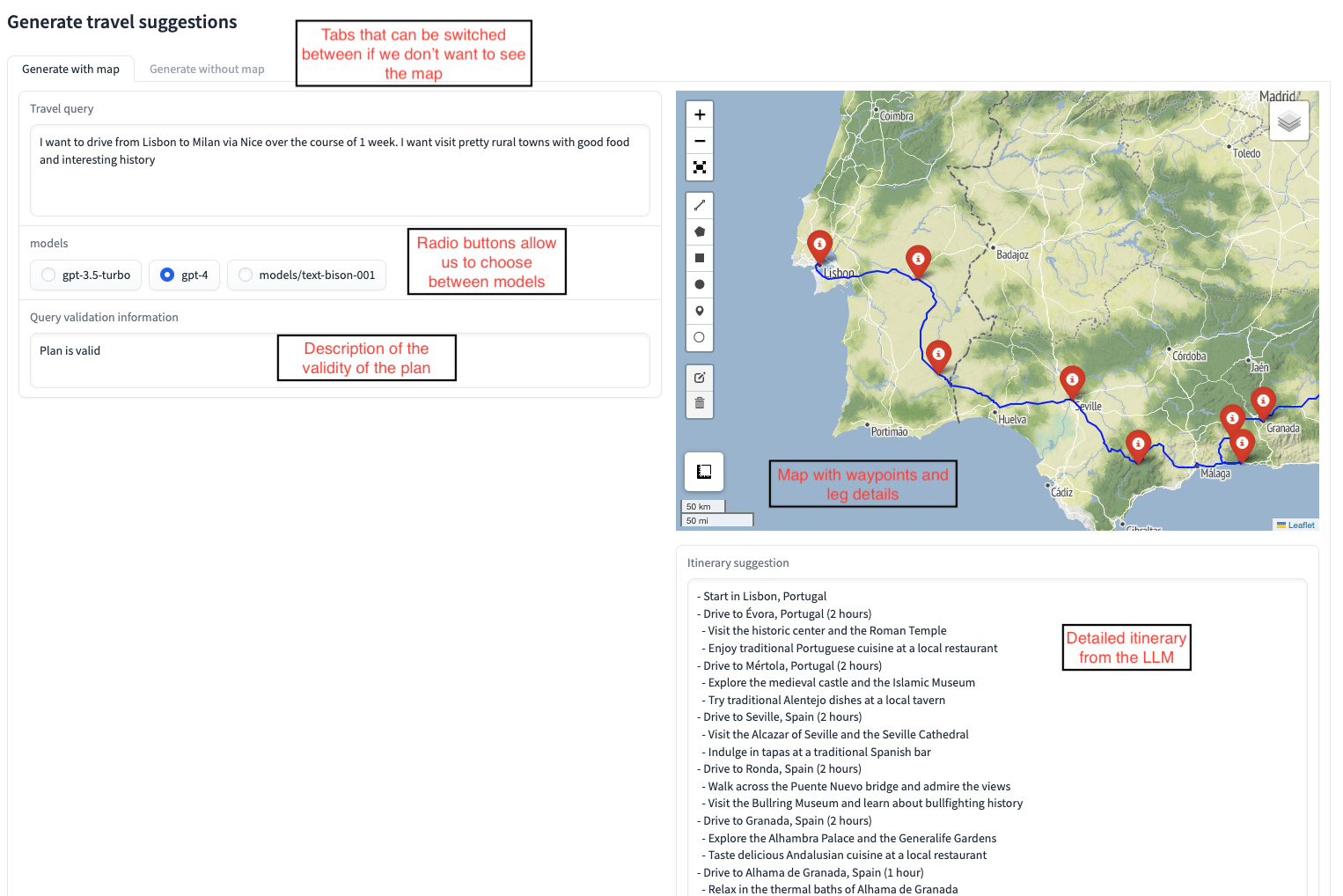 Description of all the components in the final gradio app for the travel mapper