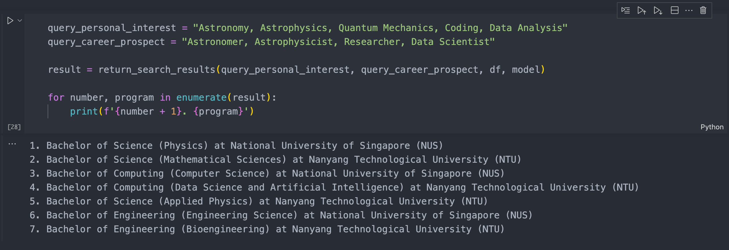 Example of the output using the function defined for calculating the similarity and return the best-matched output. This is the prototype for the app created in the subsequent steps.