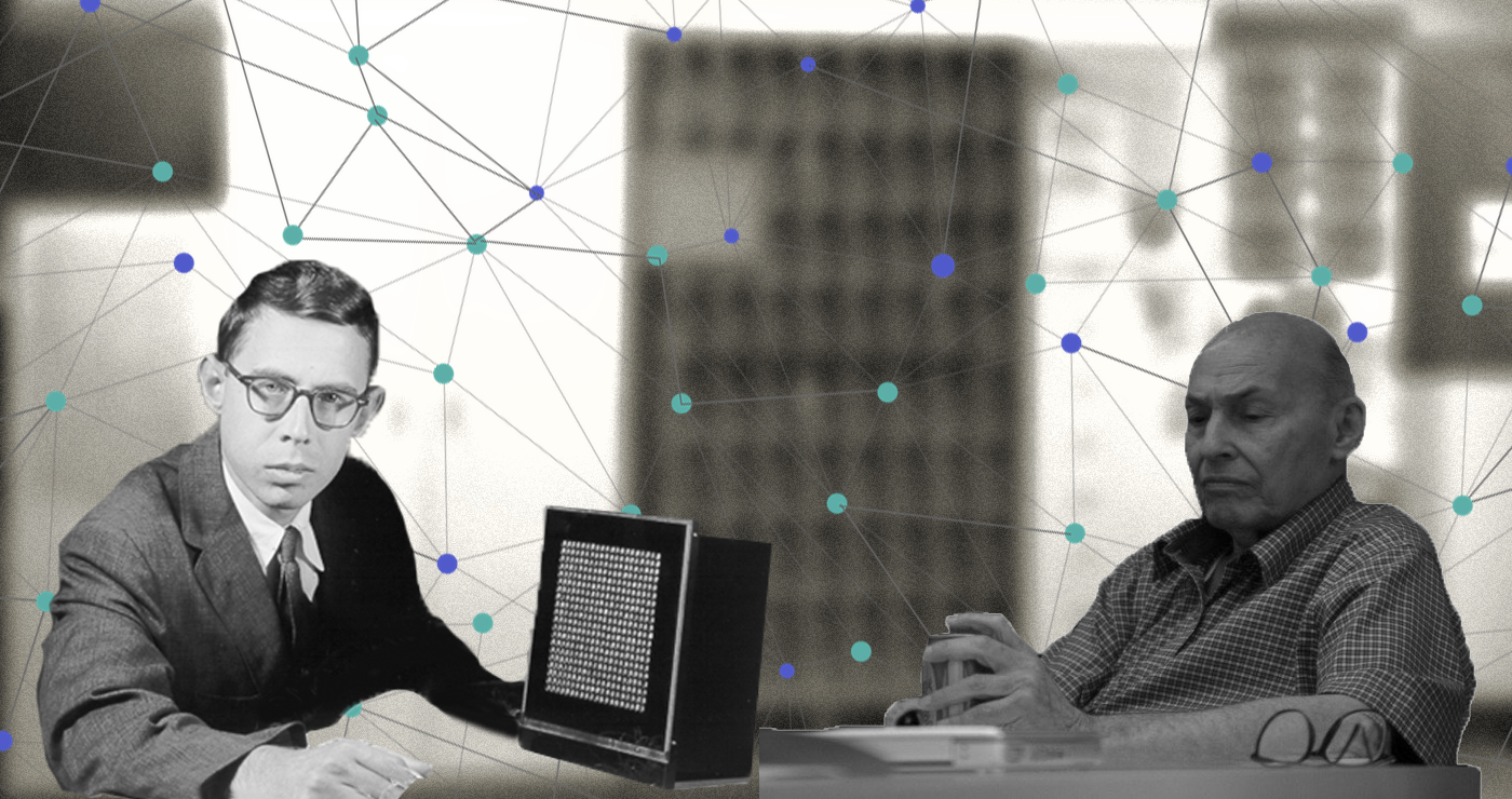 Frank Rosenblatt (left) and Marvin Minsky (right). Original photos by Wikimedia Commons and Ben Grey/Flickr¹¹ ¹².
