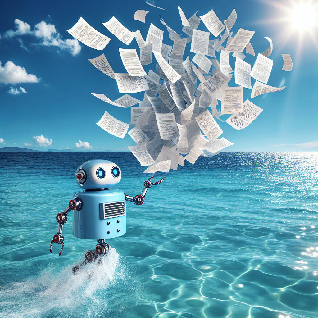 Dalle-3's interpretation of "An AI assistant throwing documents to the wind over a clear blue ocean". Image generated by the author.