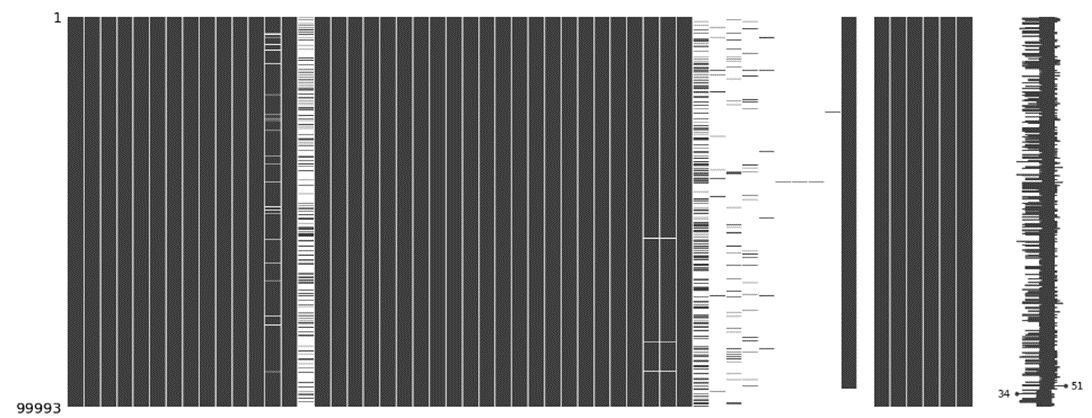 Unrefined dataset, with multiple columns containing a large number of null values